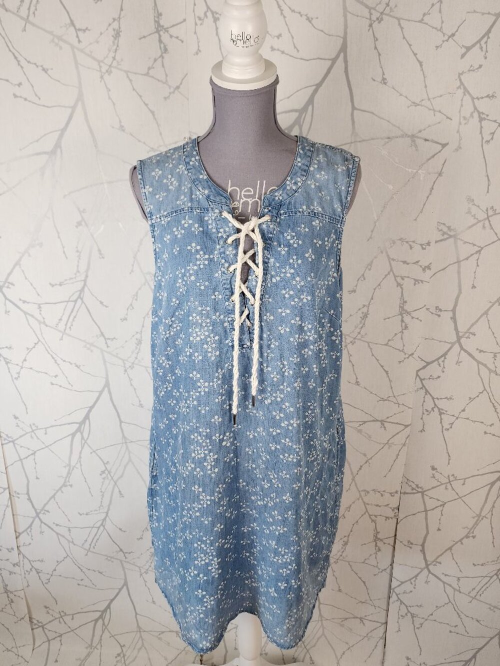 Tribal Blue Chambray Bleach Printed Tencel Lace Up Front Shift Dress